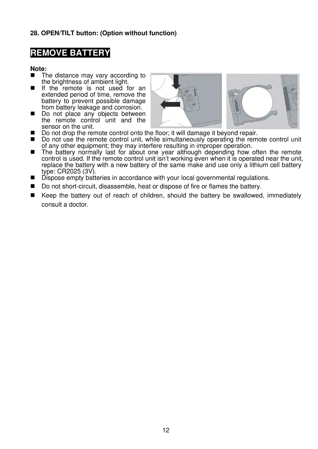 Power Acoustik PTID-6250B owner manual Remove Battery, OPEN/TILT button Option without function 