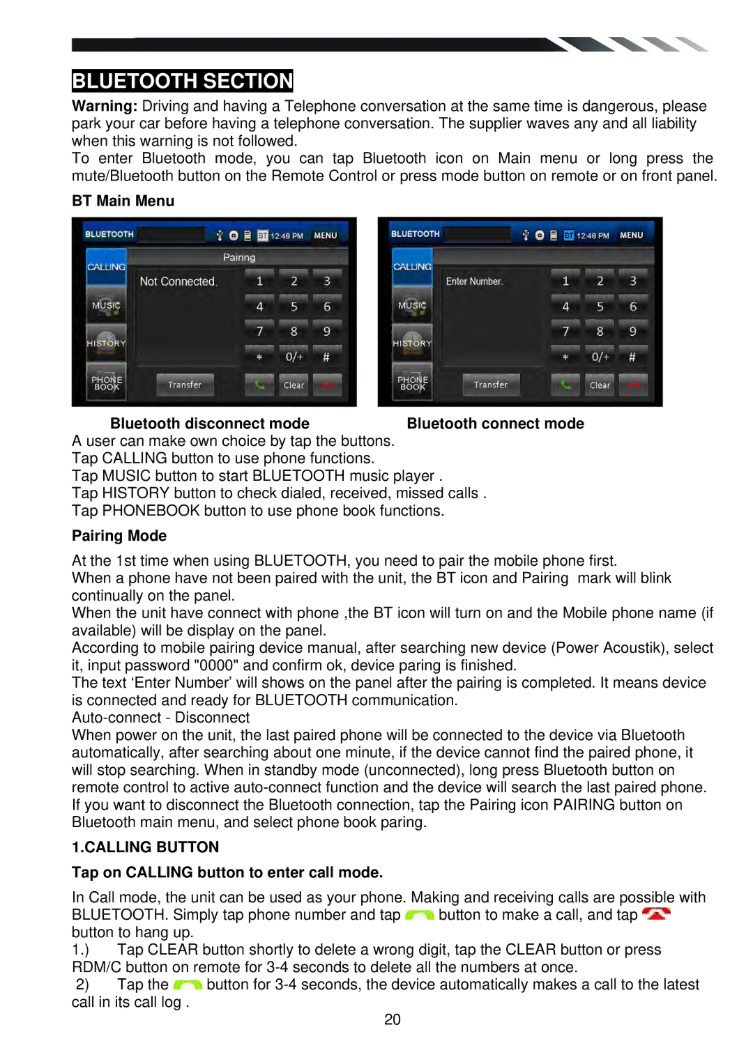 Power Acoustik PTID-6250B Bluetooth Section, BT Main Menu Bluetooth disconnect mode, Pairing Mode, Calling Button 