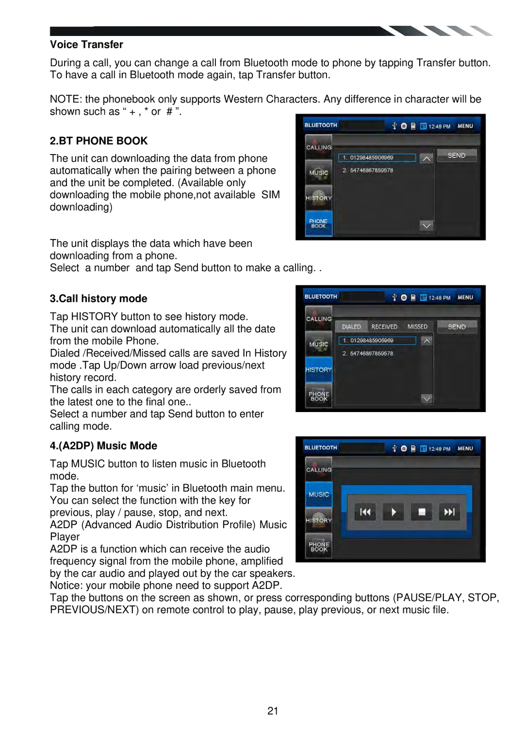 Power Acoustik PTID-6250B owner manual Voice Transfer, BT Phone Book, Call history mode, A2DP Music Mode 