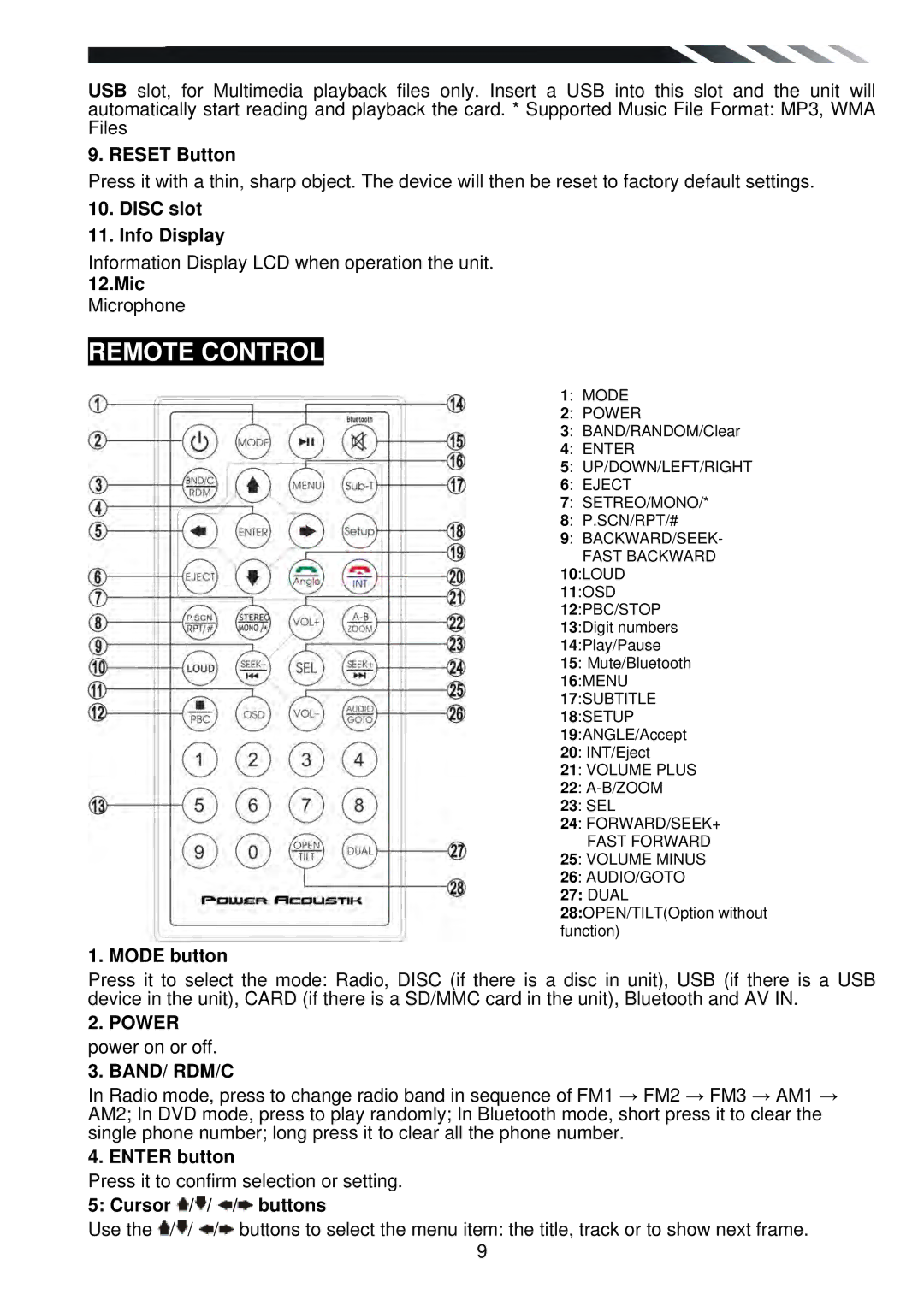 Power Acoustik PTID-6250B owner manual Remote Control, Band/ Rdm/C 