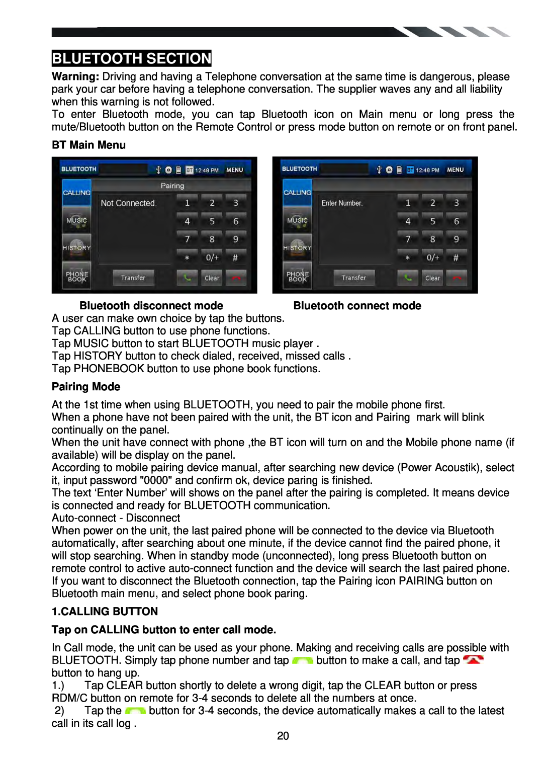 Power Acoustik PTID-6250B Bluetooth Section, BT Main Menu, Bluetooth disconnect mode, Pairing Mode, Calling Button 
