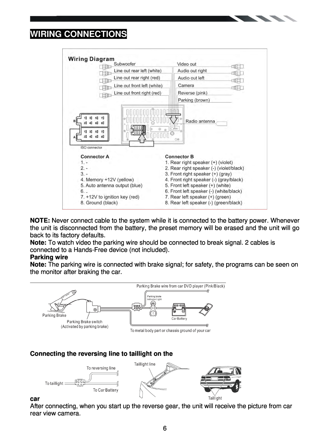Power Acoustik PTID-6250B owner manual Wiring Connections, Parking wire, Connecting the reversing line to taillight on the 
