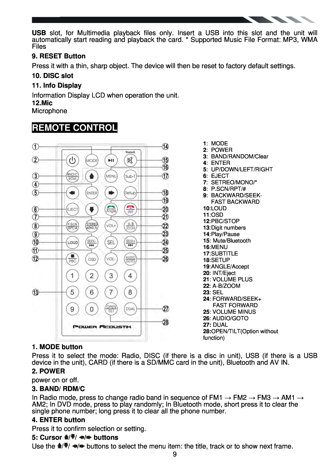 Power Acoustik PTID-6250B Remote Control, RESET Button, DISC slot 11.Info Display, 12.Mic, MODE button, Band/ Rdm/C 