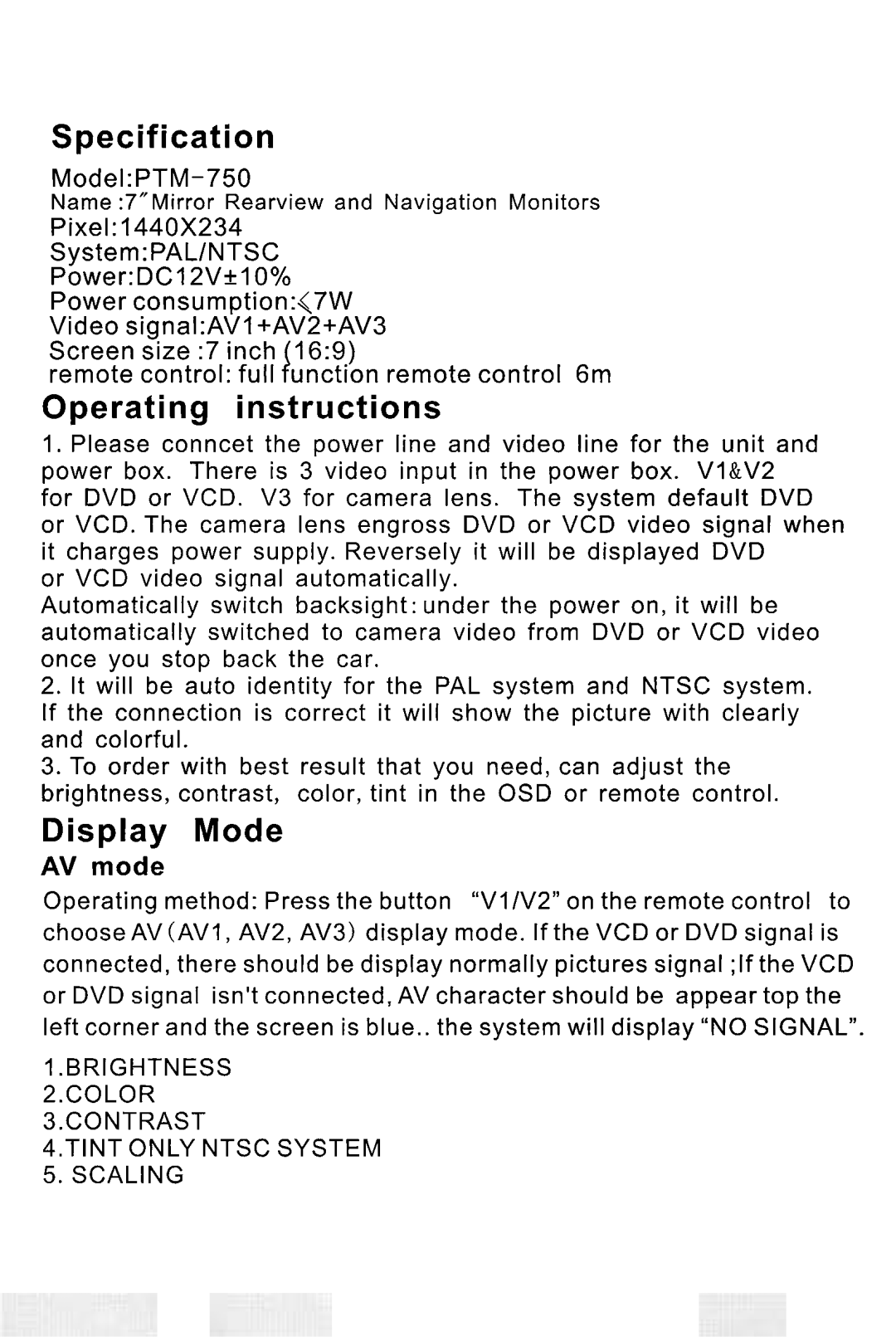 Power Acoustik ptm-750 manual Specification, Operating instructions, Display Mode 