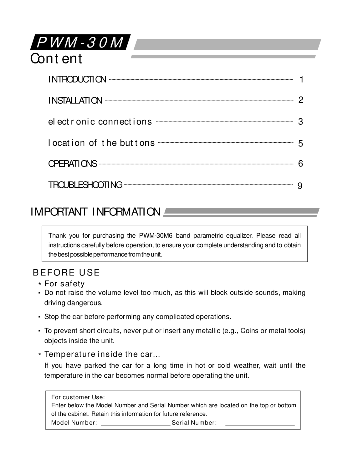 Power Acoustik PWM-30M instruction manual Important Information, Electronic connections Location of the buttons, For safety 