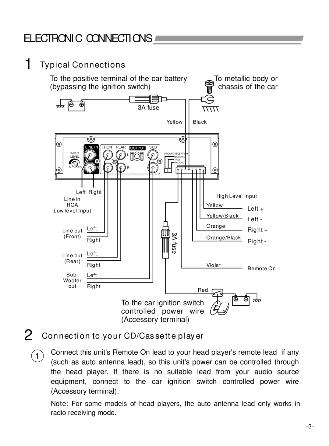 Power Acoustik PWM-30M instruction manual Typical Connections, Connection to your CD/Cassette player 