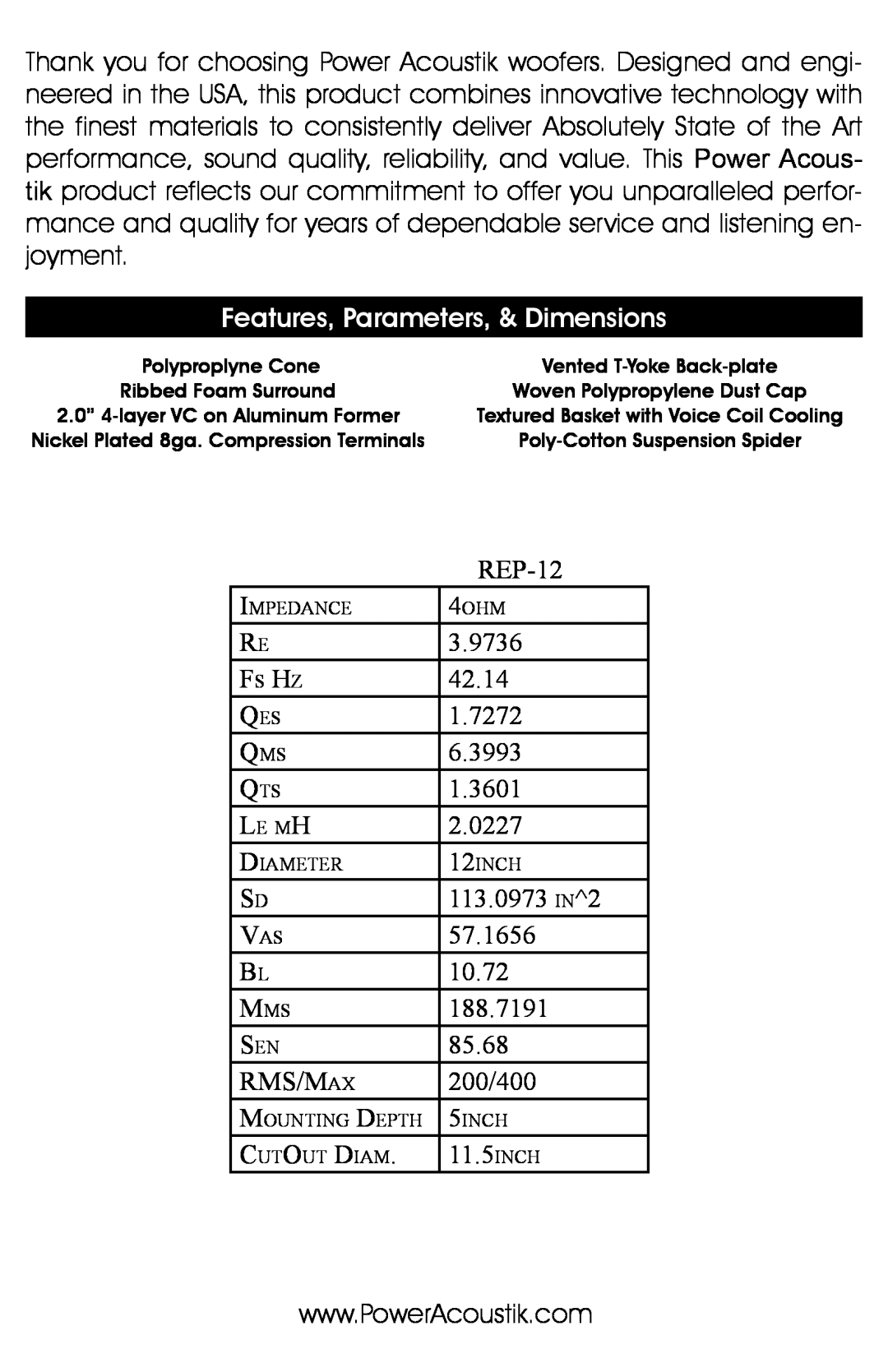 Power Acoustik REP-12 manual Features, Parameters, & Dimensions 