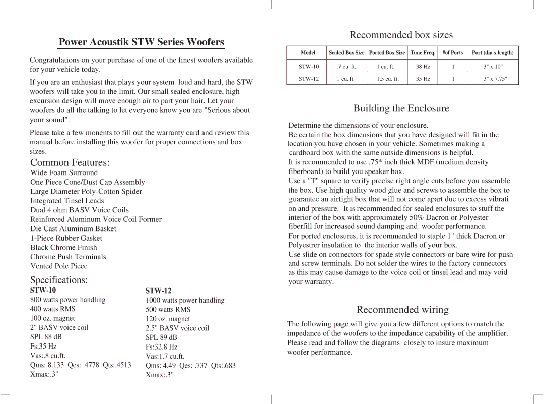 Power Acoustik STW-10 STW-12 owner manual Power Acoustik STW Series Woofers 