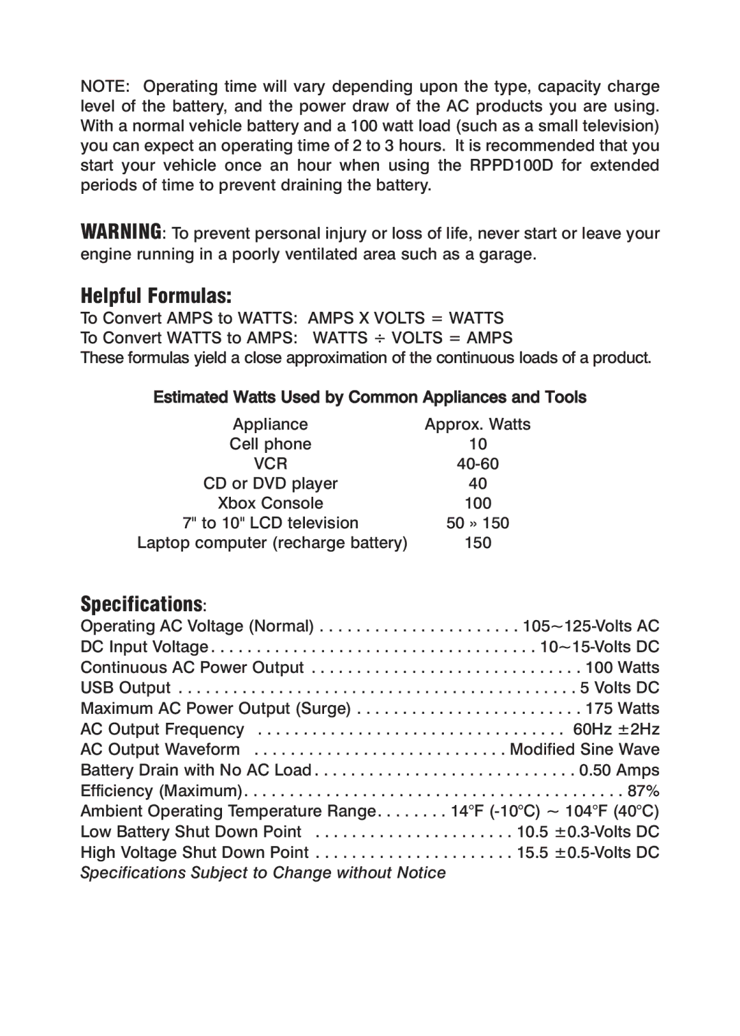 Power Drive 100D manual Helpful Formulas, Specifications 