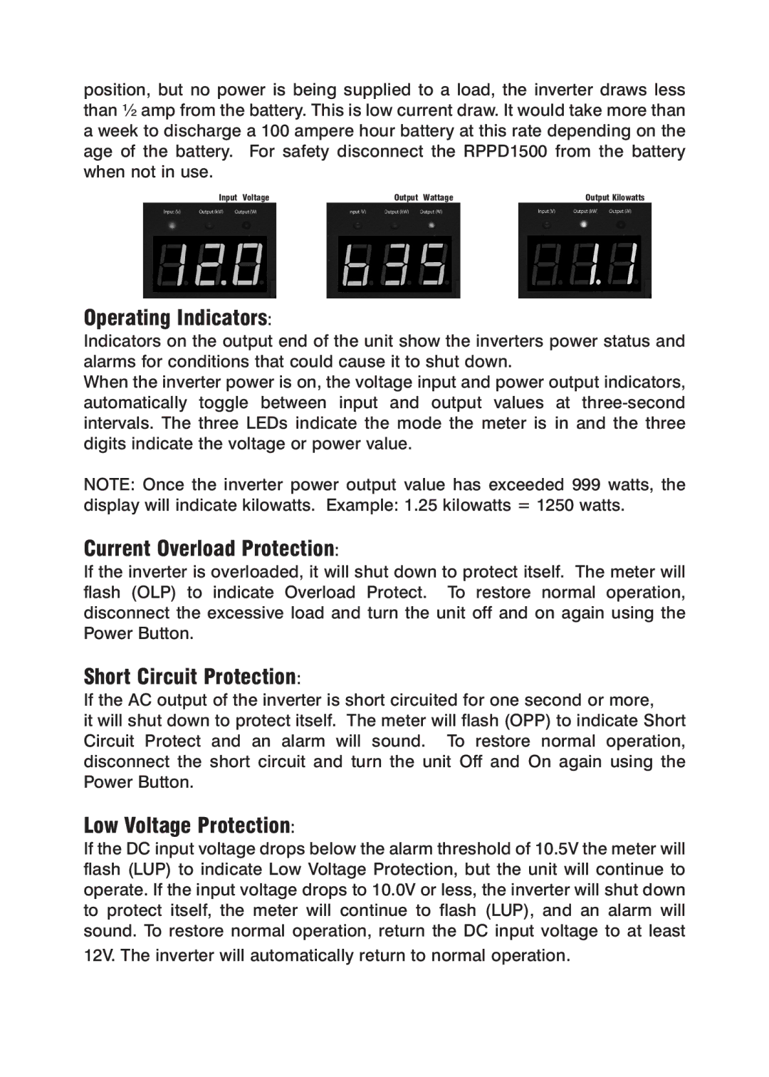 Power Drive 1500 manual Operating Indicators, Current Overload Protection, Short Circuit Protection, Low Voltage Protection 