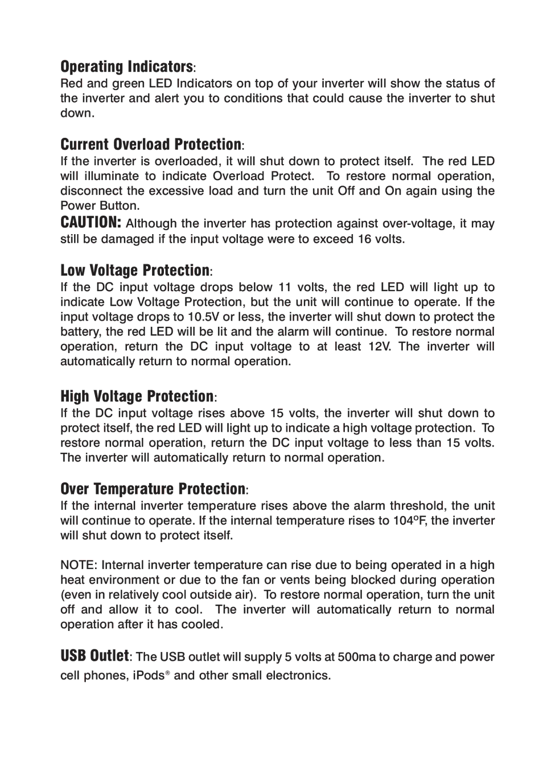 Power Drive 300 manual Operating Indicators, Current Overload Protection, Low Voltage Protection, High Voltage Protection 