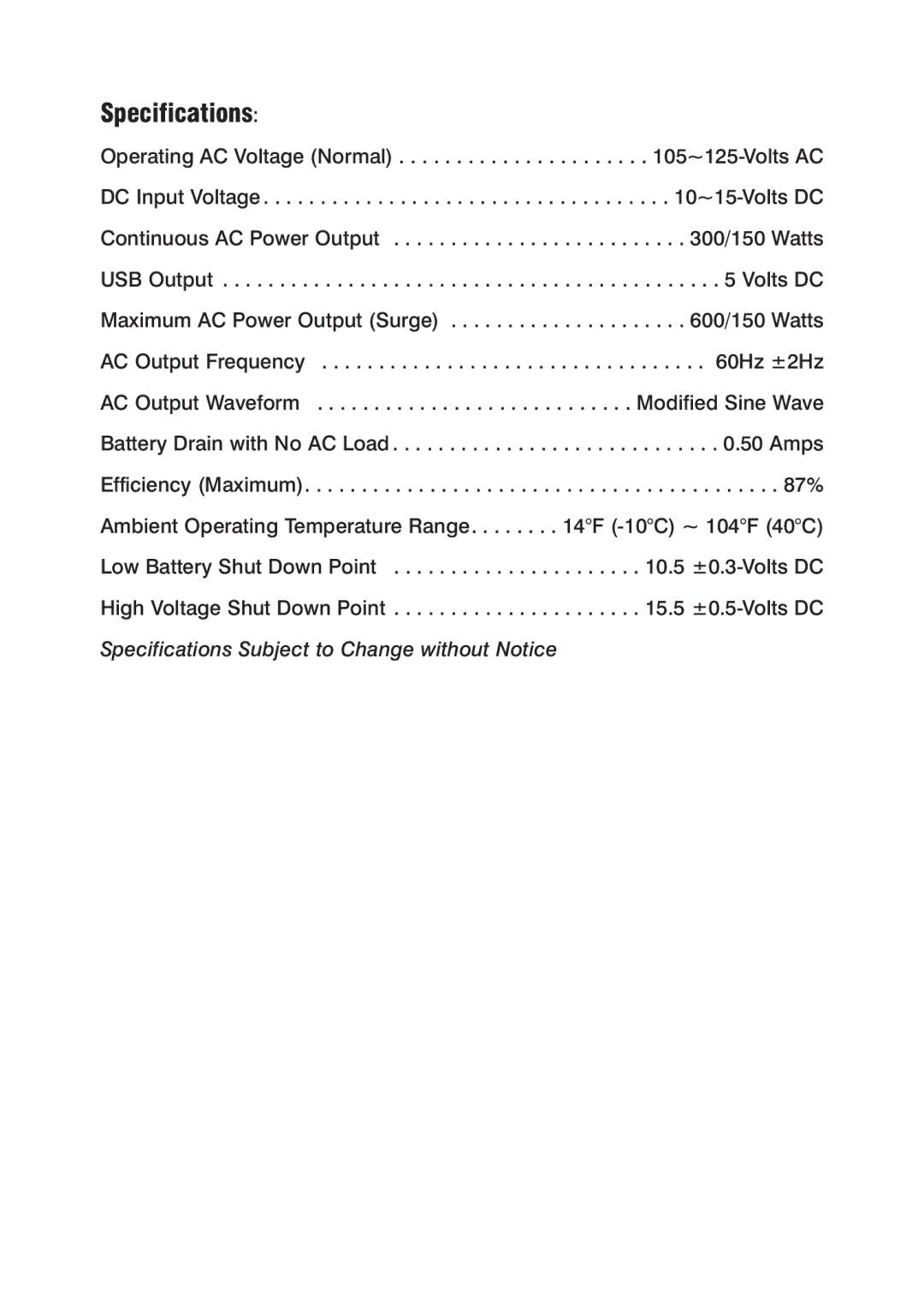 Power Drive 300 manual Specifications 