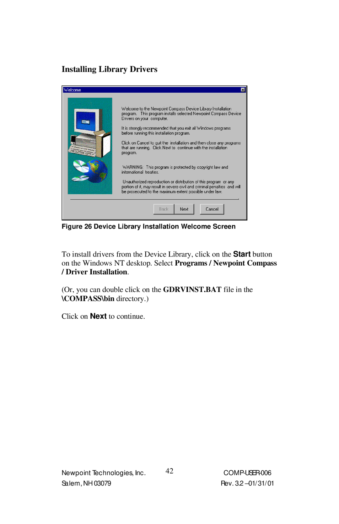 Power Sentry 4 manual Installing Library Drivers, Device Library Installation Welcome Screen 