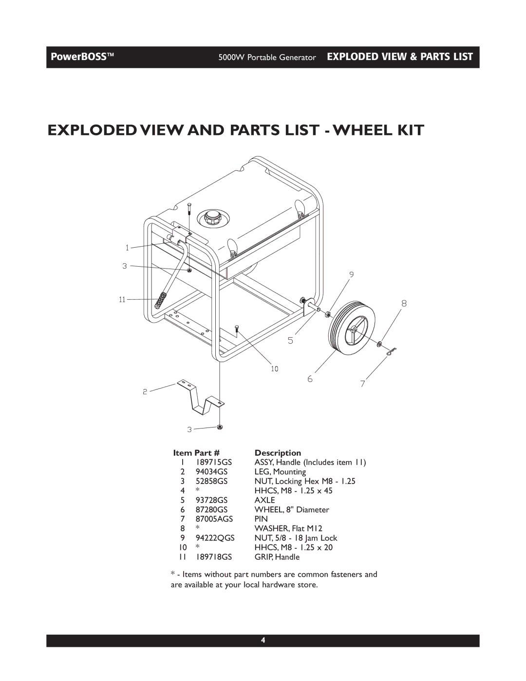 PowerBass 30222 manual Exploded View and Parts List Wheel KIT, Axle, Pin 