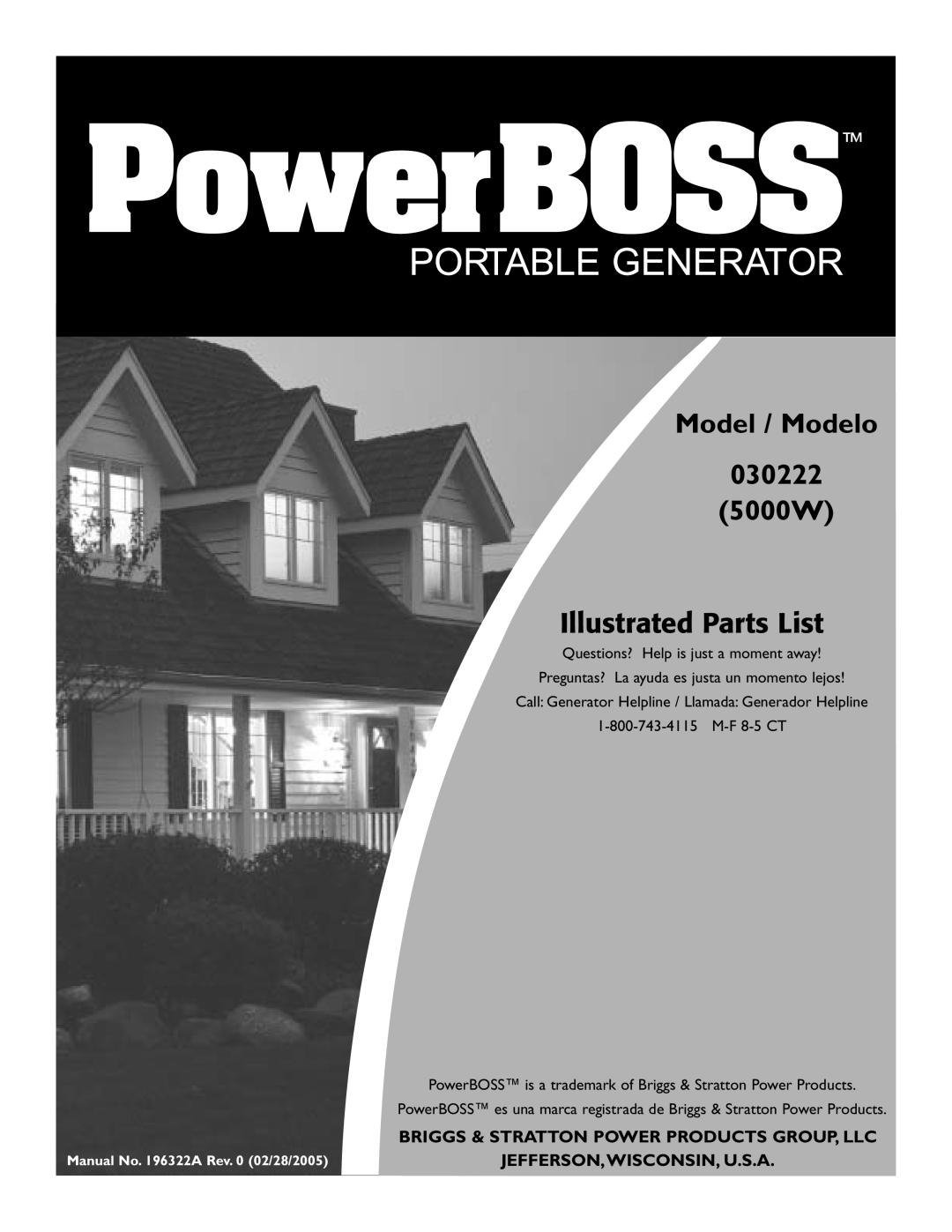 PowerBass manual Model / Modelo 030222 5000W, Illustrated Parts List, Briggs & Stratton Power Products Group, Llc 