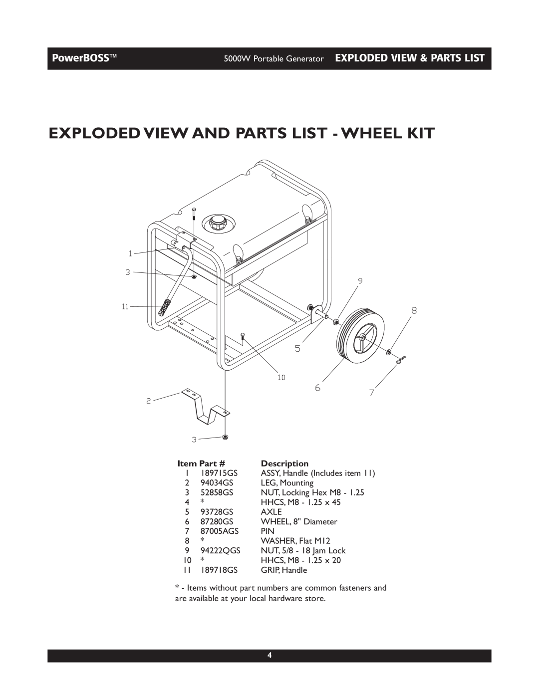 PowerBass 30222 manual Exploded View And Parts List - Wheel Kit, PowerBOSS, Item Part #, Description 
