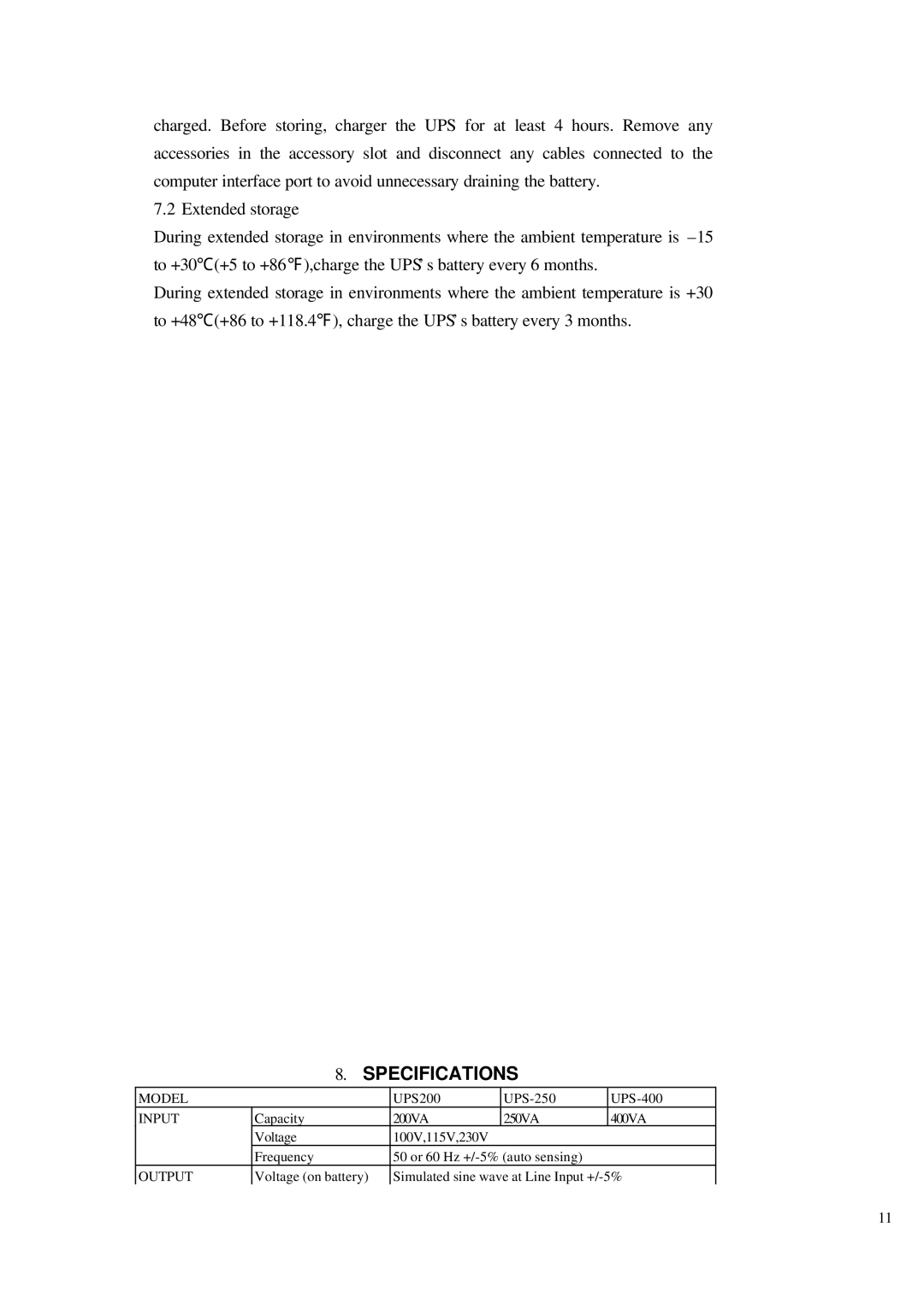 Powercom UPS-200, 400, 250 user manual Specifications, Input 