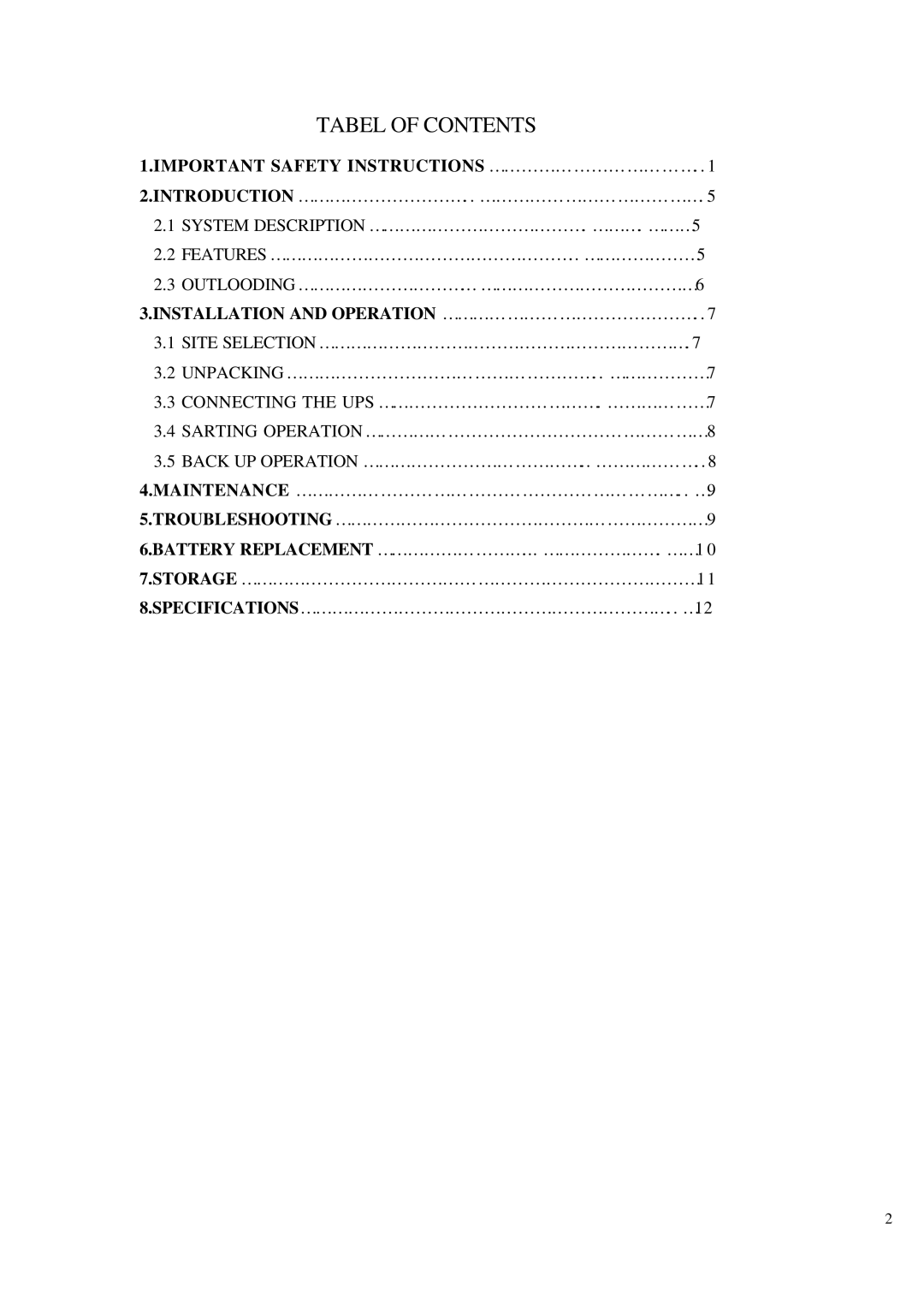 Powercom UPS-200, 400, 250 user manual Tabel of Contents 