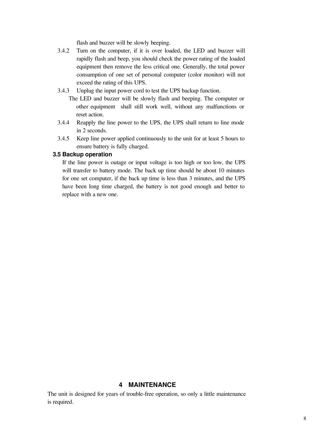 Powercom UPS-200, 400, 250 user manual Maintenance, Backup operation 