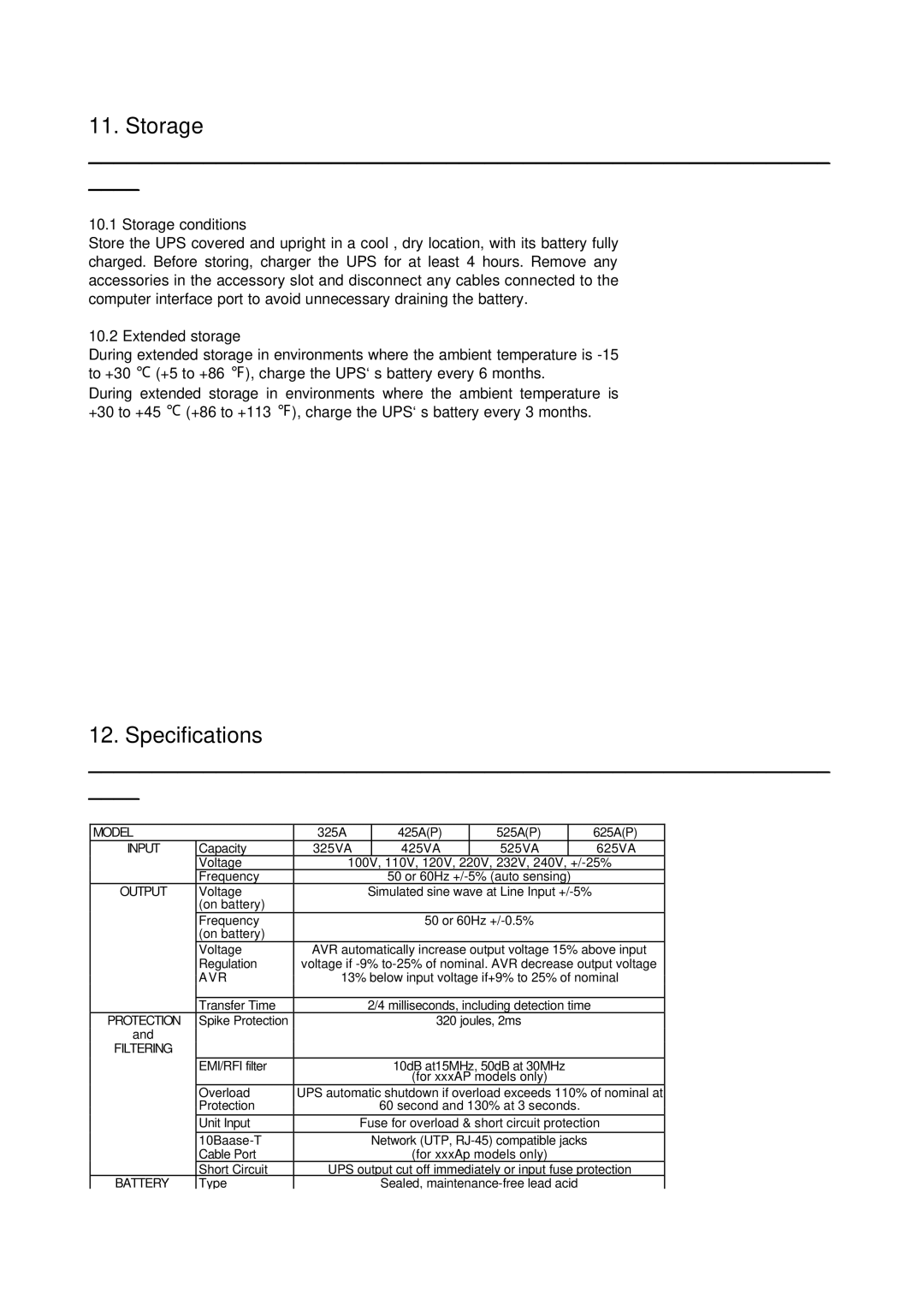 Powercom 425AP, 525AP, 625AP, 325A user manual Storage, Specifications 