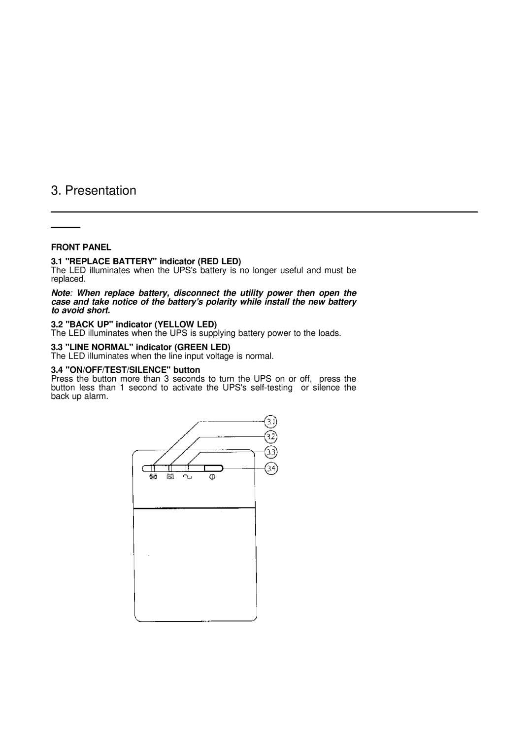 Powercom 325A Presentation, Replace Battery indicator RED LED, Back UP indicator Yellow LED, ON/OFF/TEST/SILENCE button 