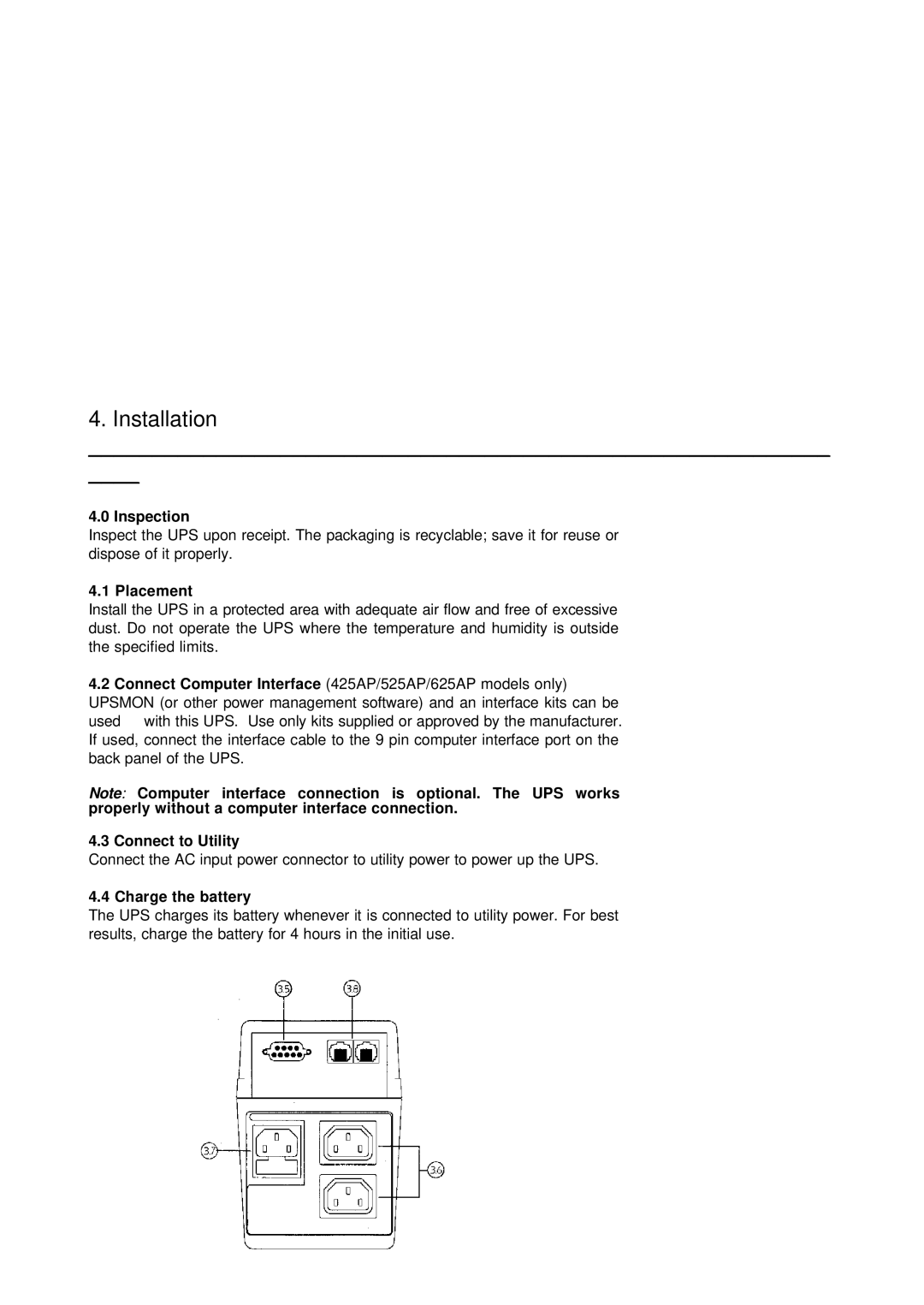 Powercom 525AP, 425AP, 625AP, 325A user manual Installation, Inspection, Placement, Connect to Utility, Charge the battery 