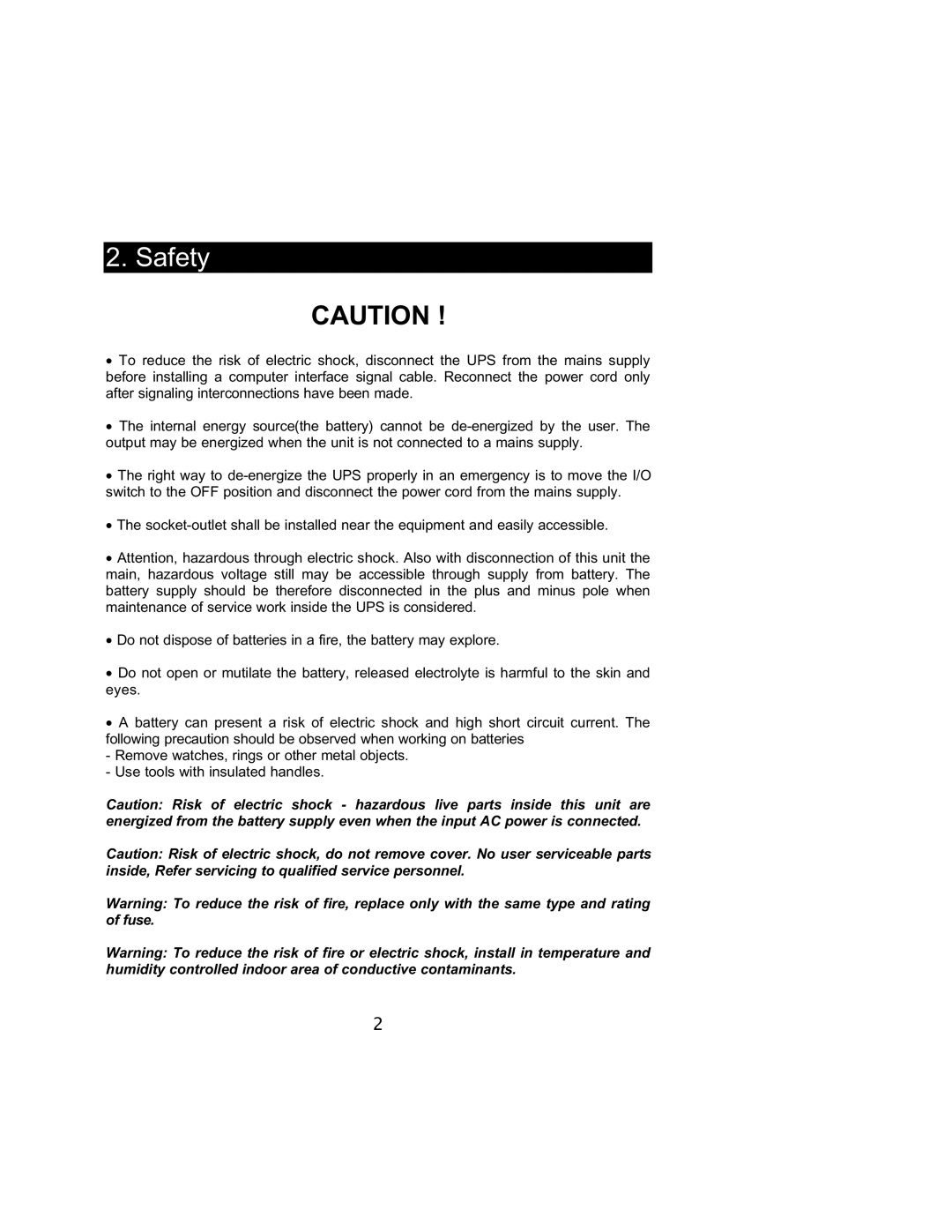 Powercom 800VA user manual Safety 