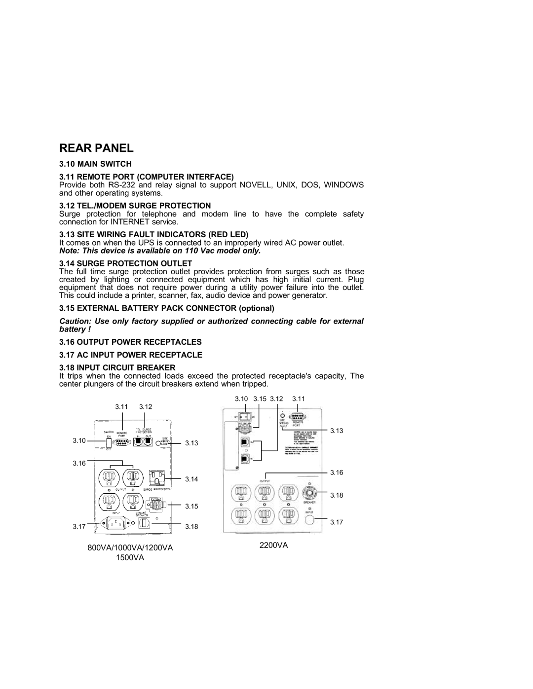 Powercom 800VA user manual Rear Panel, External Battery Pack Connector optional 