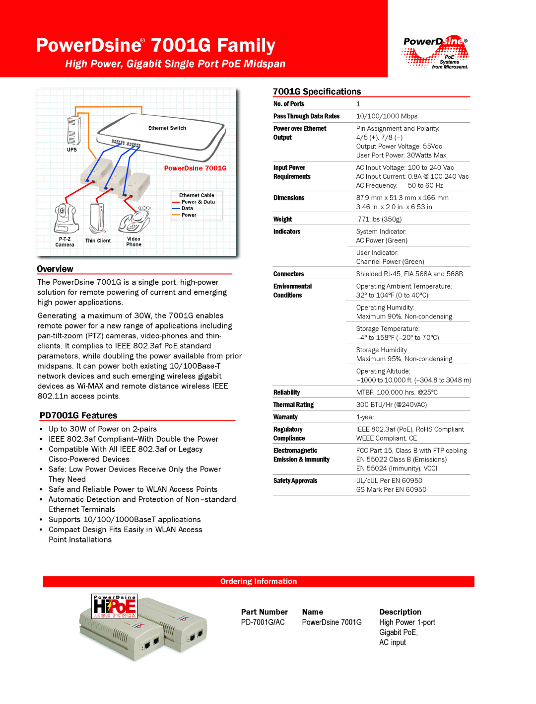 PowerDsine specifications PowerDsine 7001G Family, High Power, Gigabit Single Port PoE Midspan, Overview 