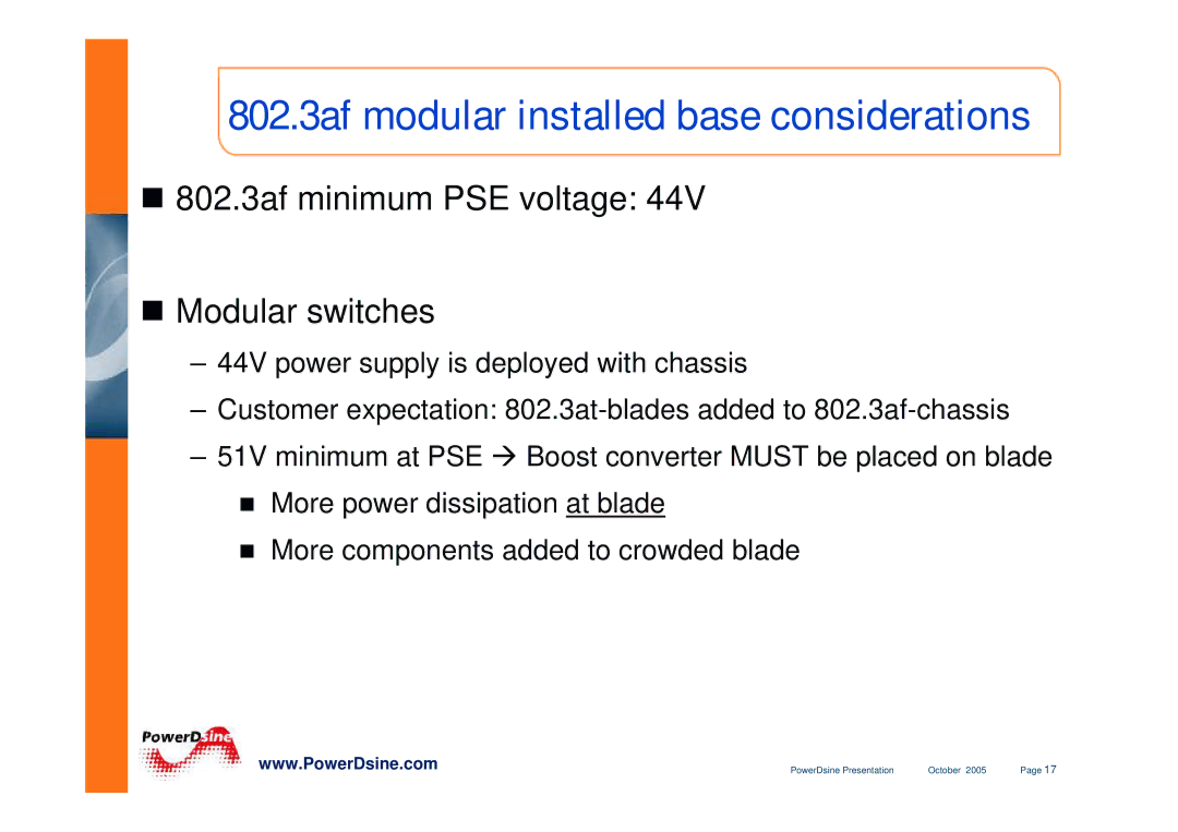 PowerDsine IEEE802.3 manual 802.3af modular installed base considerations, „ 802.3af minimum PSE voltage „ Modular switches 