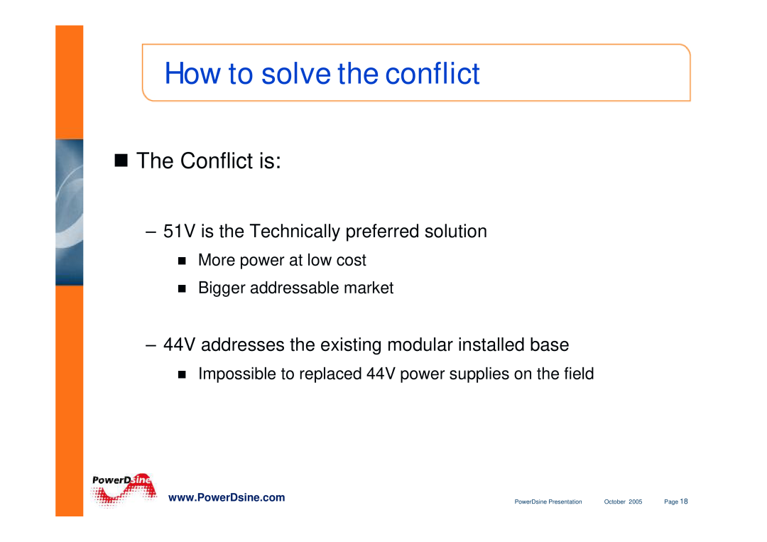 PowerDsine IEEE802.3 manual How to solve the conflict, „ The Conflict is, PowerDsine Presentation, October, Page 