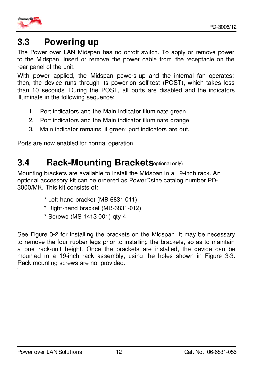 PowerDsine PD-3006, PD-3012 manual Powering up, Rack-Mounting Bracketsoptional only 