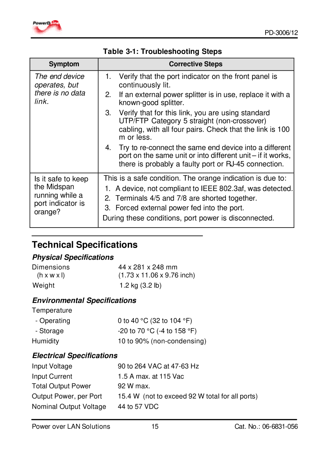 PowerDsine PD-3012, PD-3006 manual Technical Specifications 