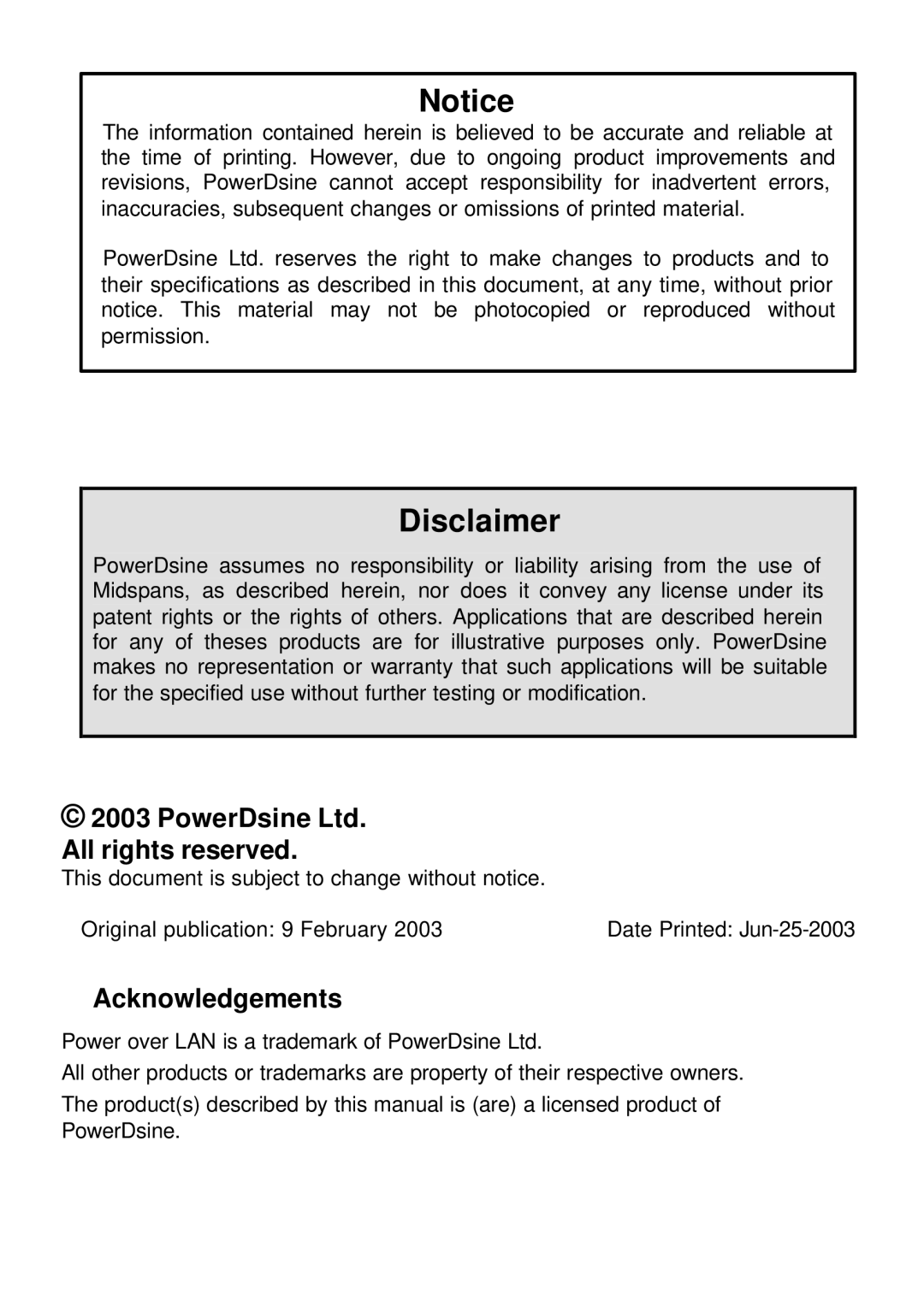 PowerDsine PD-3006, PD-3012 manual Disclaimer, Acknowledgements 