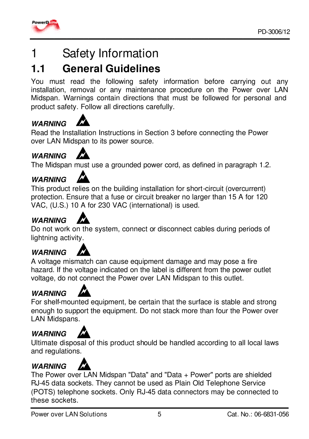 PowerDsine PD-3012, PD-3006 manual Safety Information, General Guidelines 