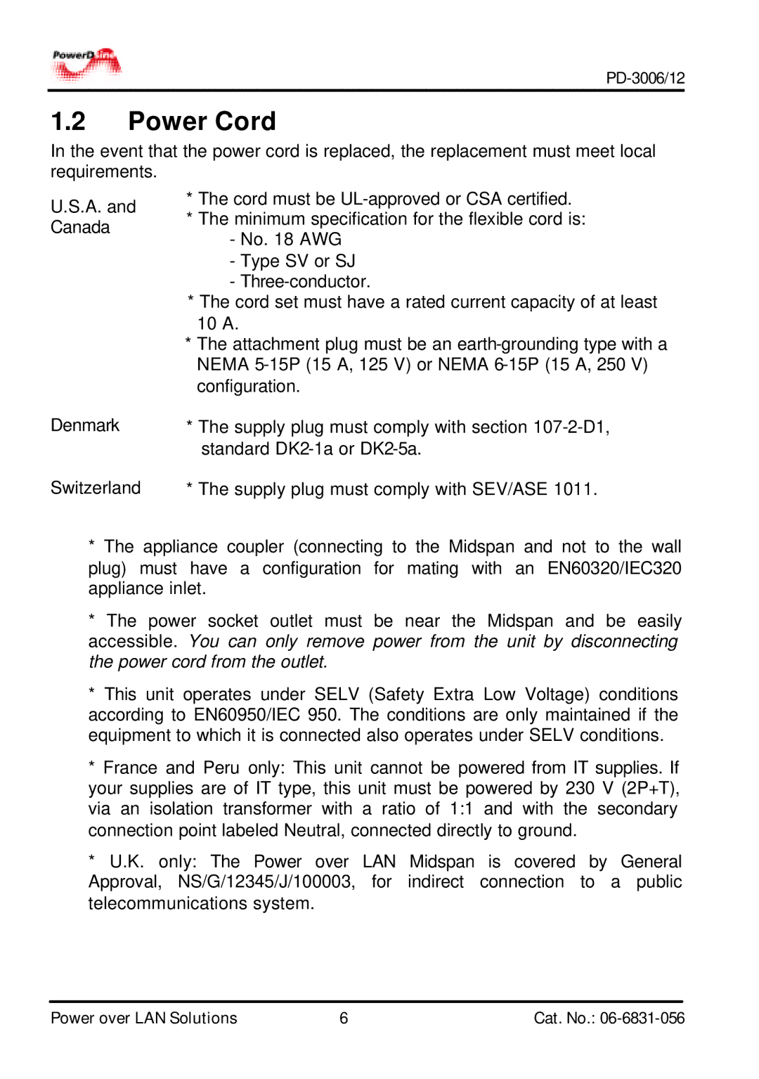 PowerDsine PD-3006, PD-3012 manual Power Cord 