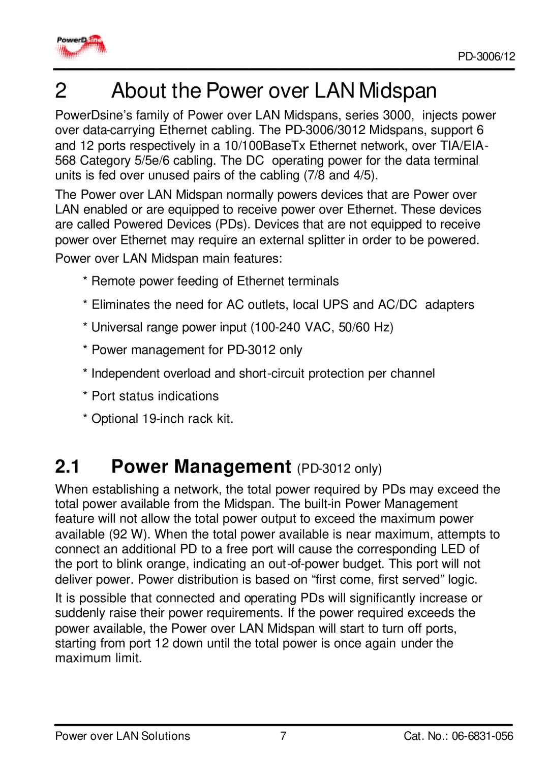 PowerDsine PD-3006 manual About the Power over LAN Midspan, Power Management PD-3012 only 