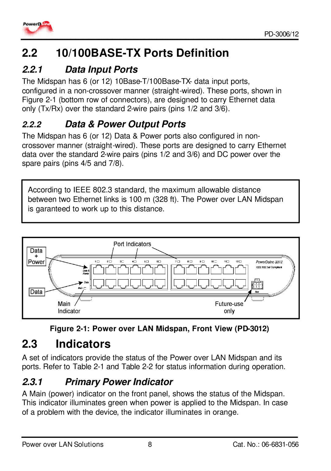 PowerDsine PD-3006, PD-3012 manual 10/100BASE-TX Ports Definition, Indicators 