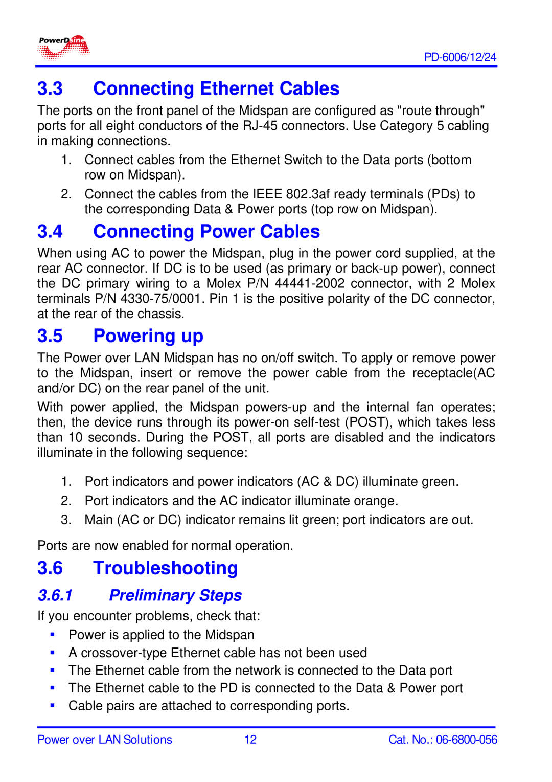 PowerDsine PD-6006 Connecting Ethernet Cables, Connecting Power Cables, Powering up, Troubleshooting, Preliminary Steps 