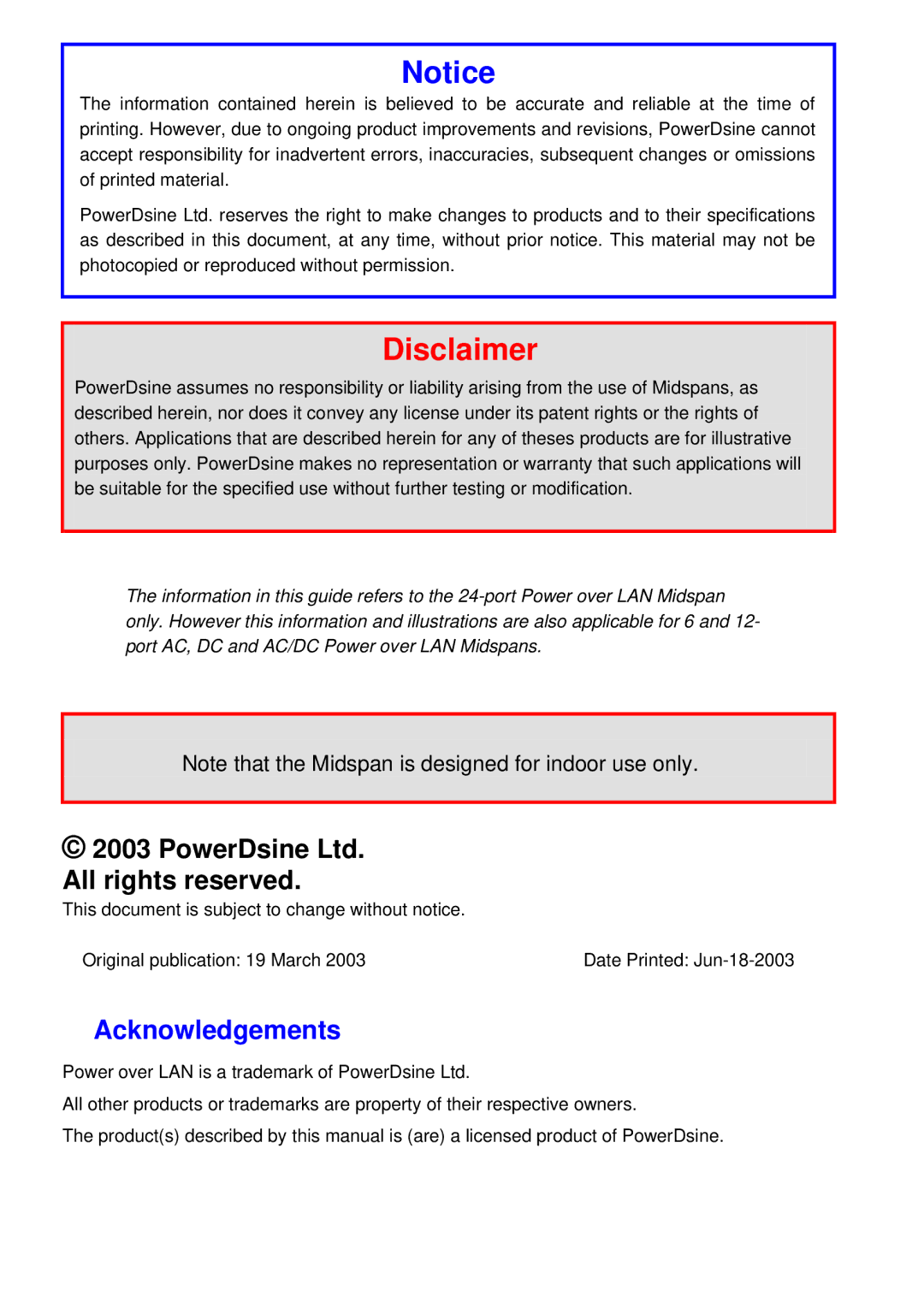 PowerDsine PD-6006, PD-6012, PD-6024 manual Disclaimer 