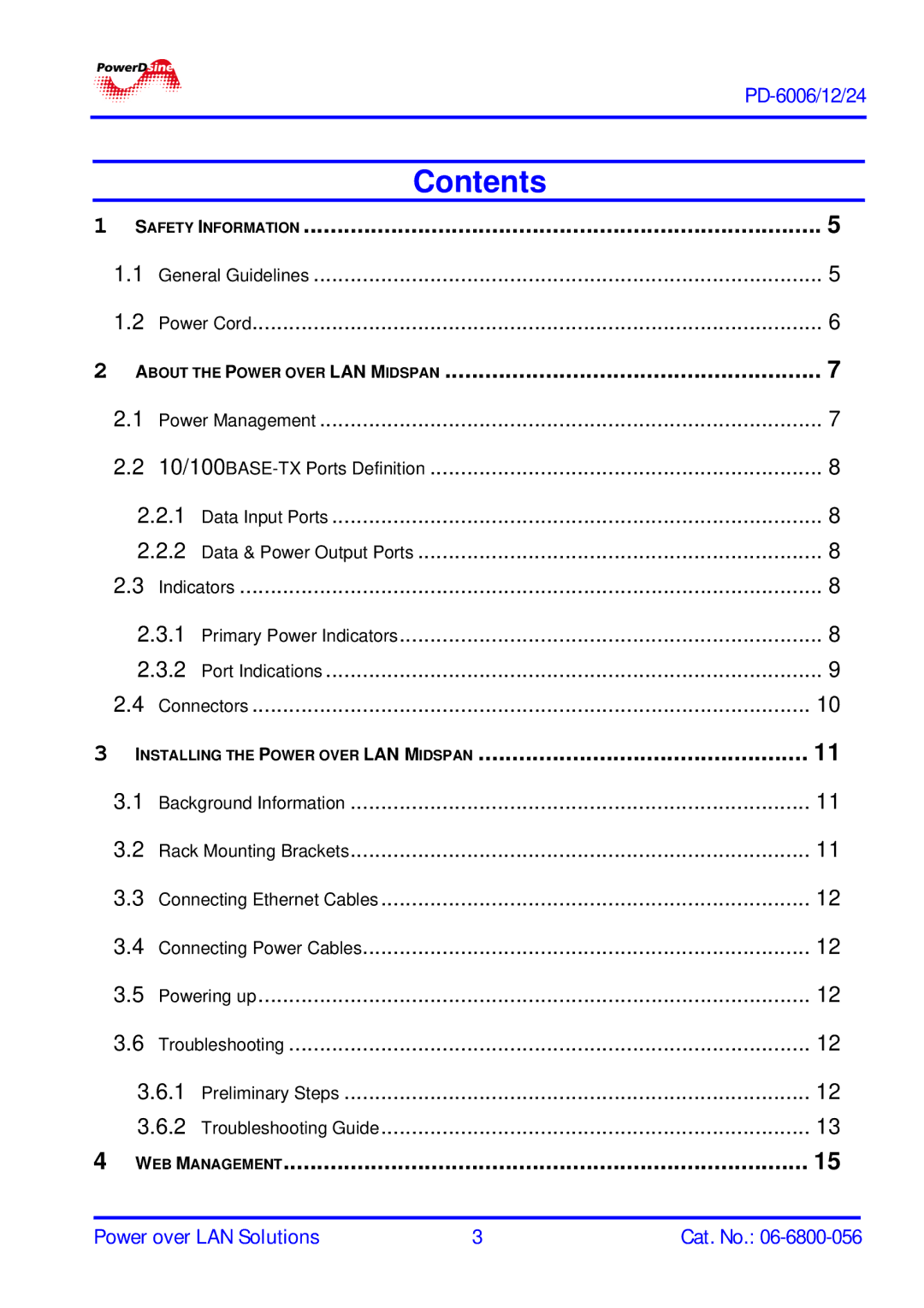 PowerDsine PD-6006, PD-6012, PD-6024 manual Contents 