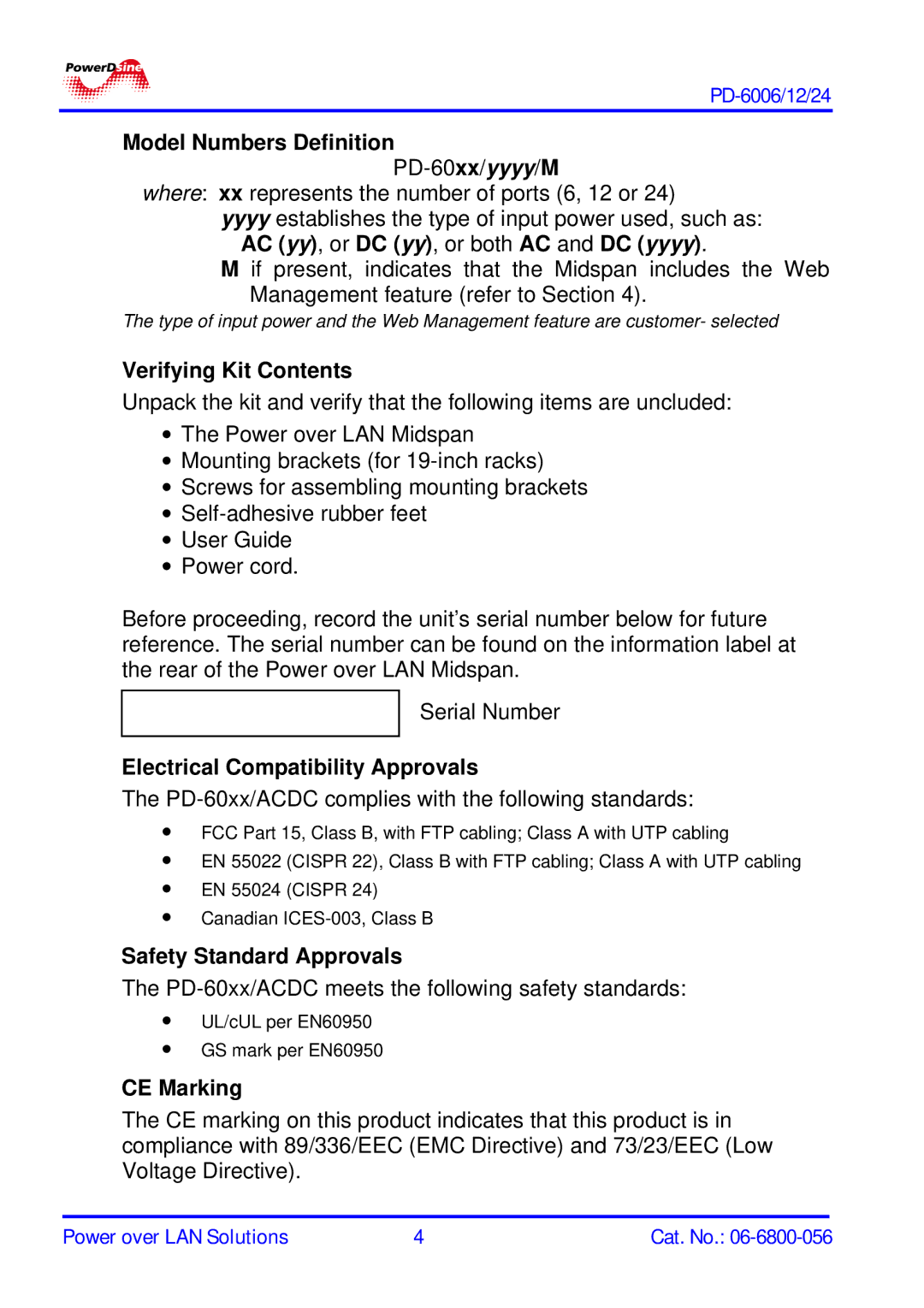 PowerDsine PD-6006 manual Model Numbers Definition, Verifying Kit Contents, Electrical Compatibility Approvals, CE Marking 