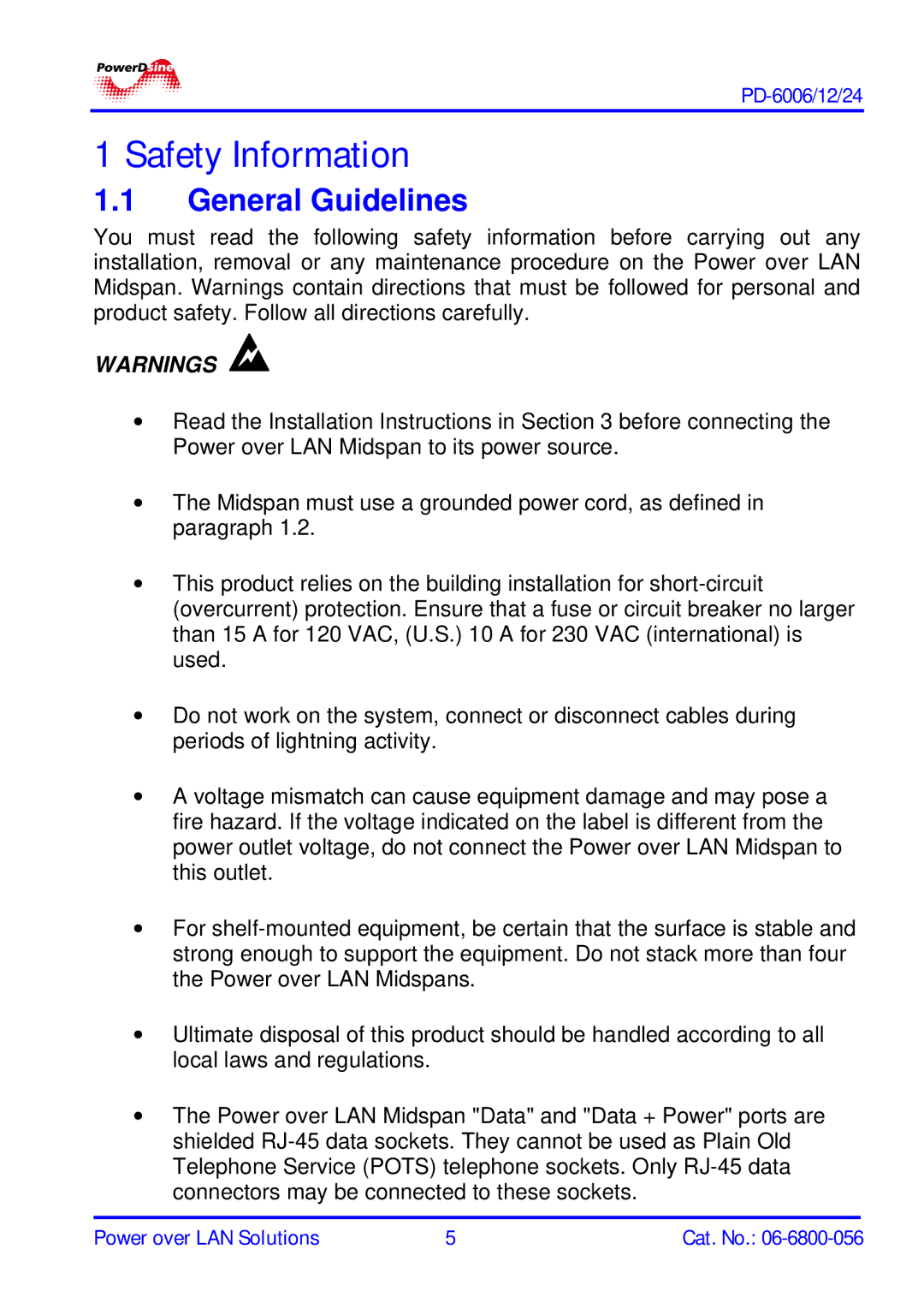 PowerDsine PD-6006, PD-6012, PD-6024 manual Safety Information, General Guidelines 