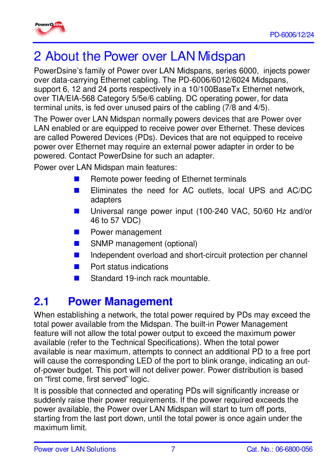 PowerDsine PD-6006, PD-6012, PD-6024 manual About the Power over LAN Midspan, Power Management 