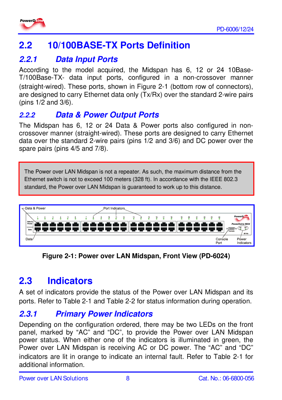 PowerDsine PD-6006 manual 10/100BASE-TX Ports Definition, Indicators, Data Input Ports, Data & Power Output Ports 