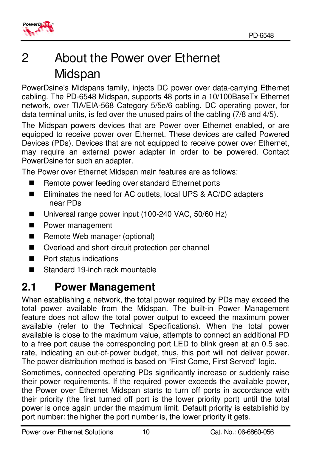 PowerDsine PD-6548 manual About the Power over Ethernet Midspan, Power Management 