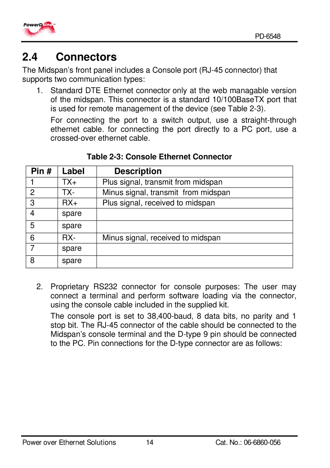 PowerDsine PD-6548 manual Connectors, Console Ethernet Connector 