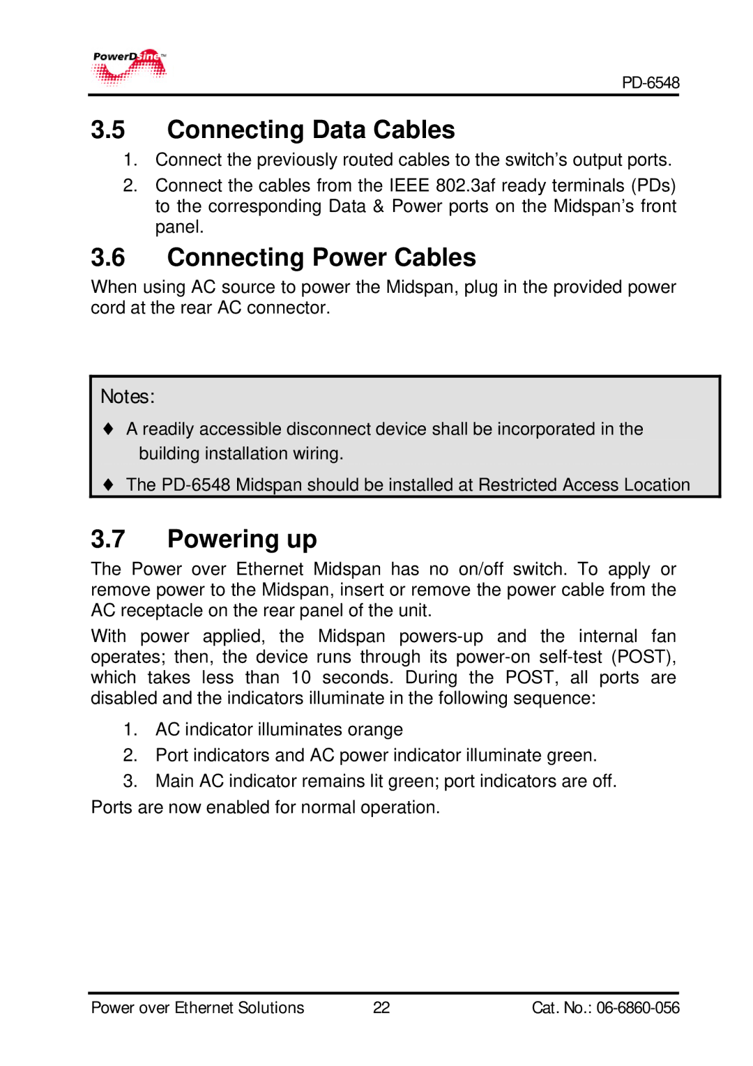 PowerDsine PD-6548 manual Connecting Data Cables, Connecting Power Cables, Powering up 