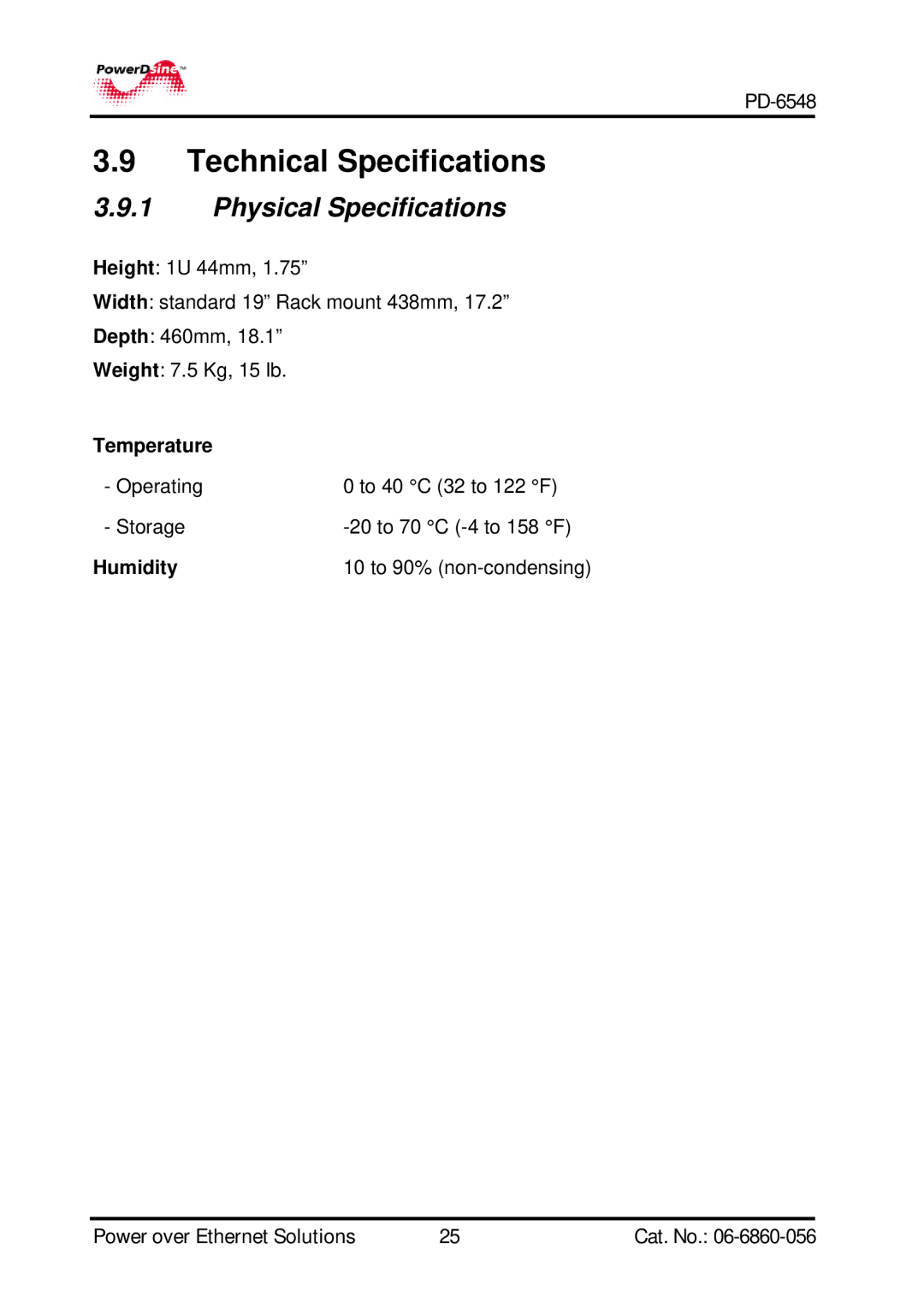 PowerDsine PD-6548 manual Technical Specifications, Physical Specifications 