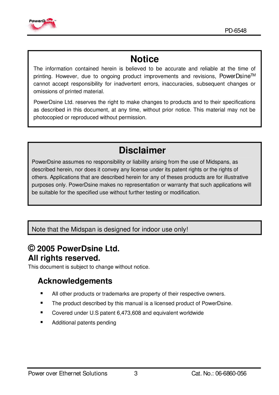 PowerDsine PD-6548 manual Disclaimer 